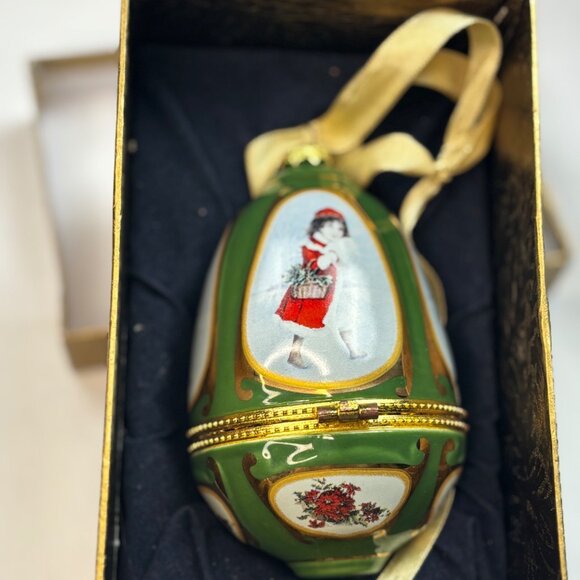 Vintage Hand-Painted Hinged Porcelain Egg Trinket Box With Gold Accents & Ribbon - Picture 1 of 7